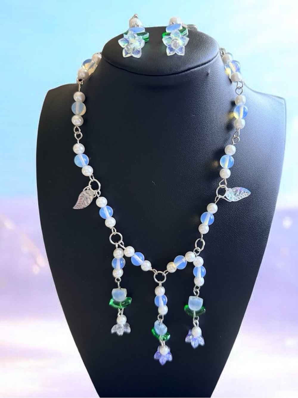 Opalescent Blue and Green Bead Drop Necklace - Women's Floral Accent